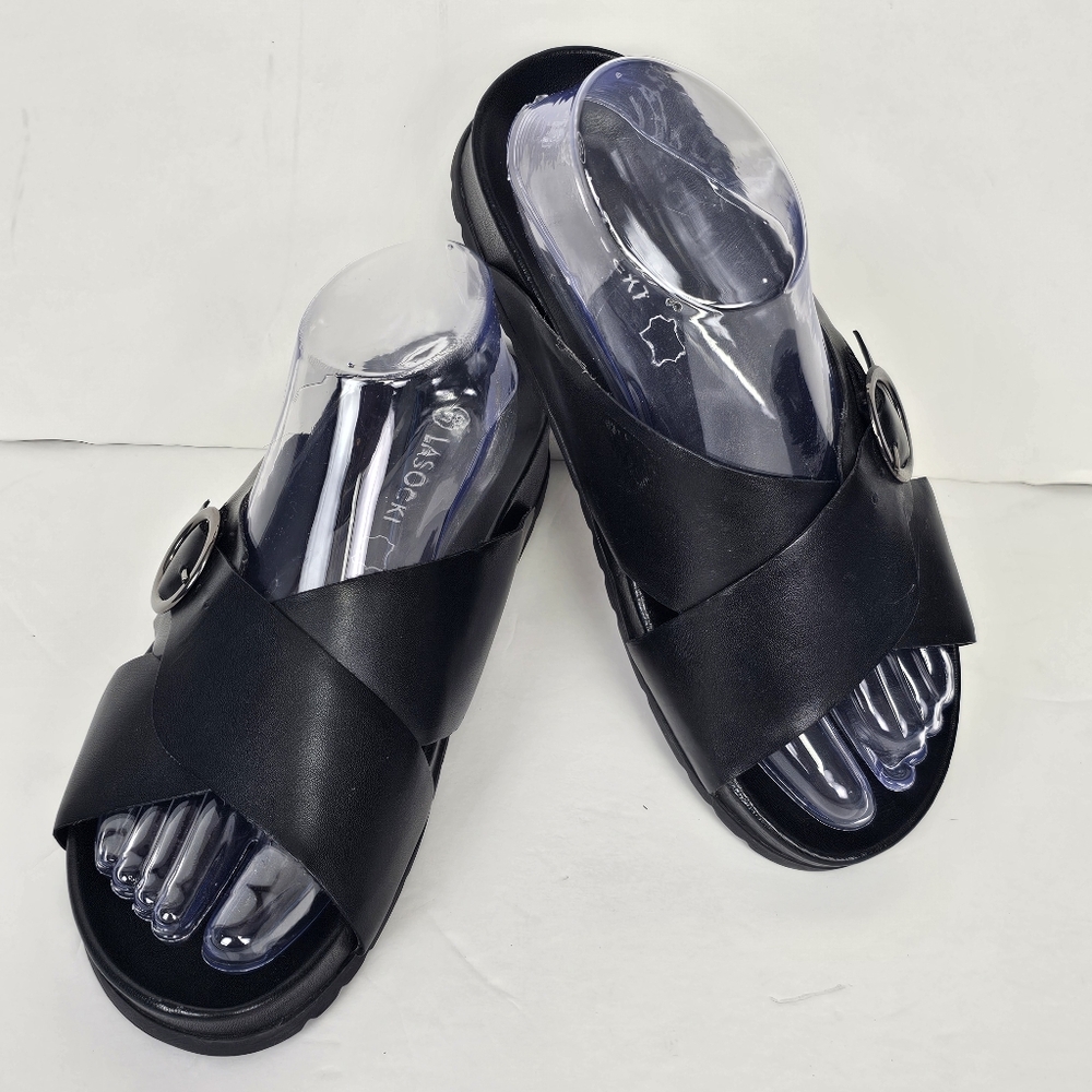 Lasocki Genuine Black Leather Sandals Flats Made Poland Sz EU 38 (US 7.5)   EUC